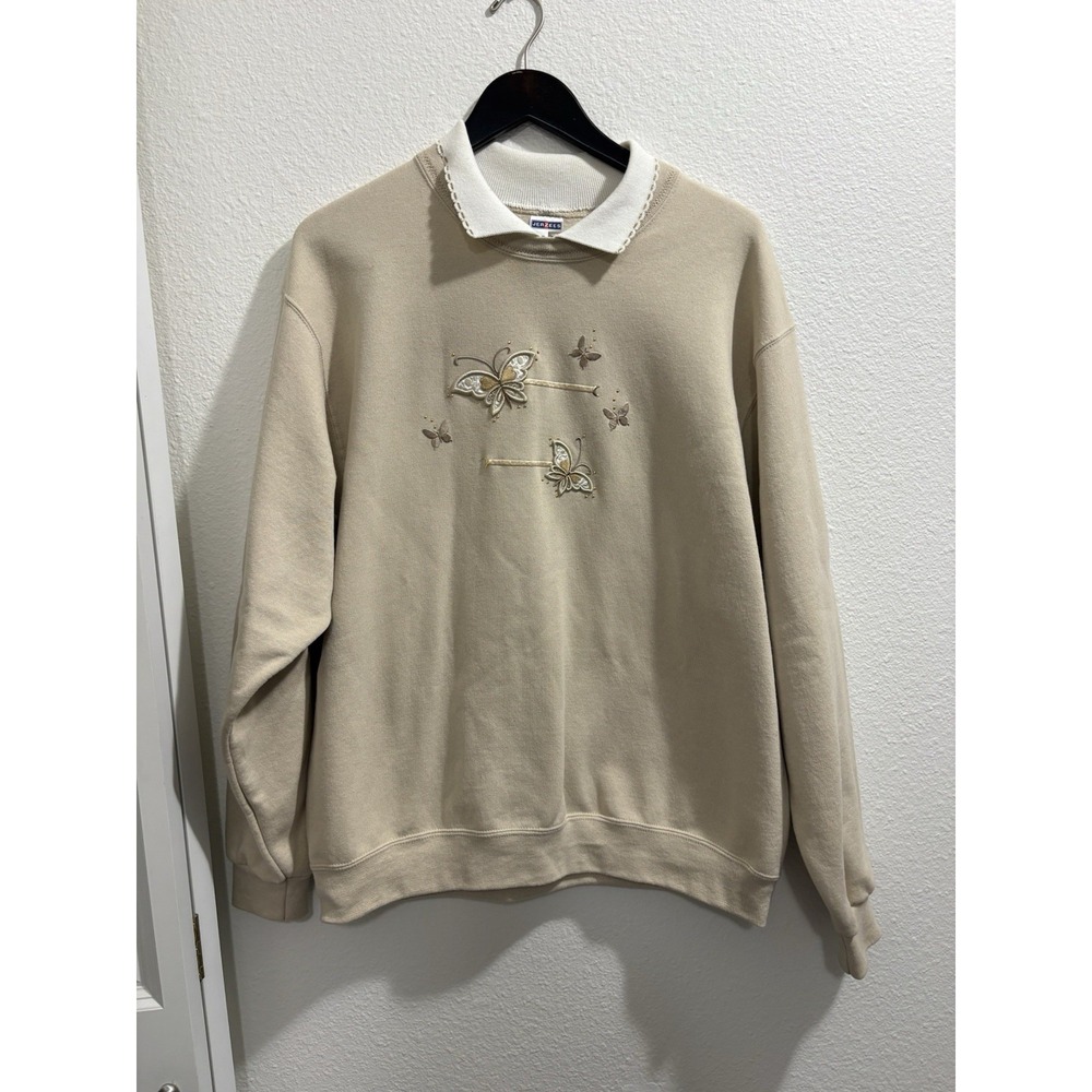 Vintage 90's Grannycore Jerzees Women's L Beige Sweatshirt Embroidered Butterfly